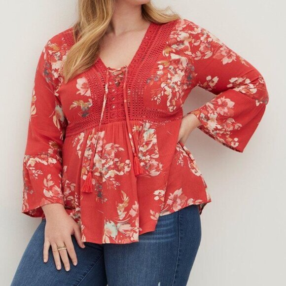 Torrid Floral Boho Babydoll Top Gauze Crochet Trim Lace-Up Bell Sleeves Size 3 - Picture 2 of 7